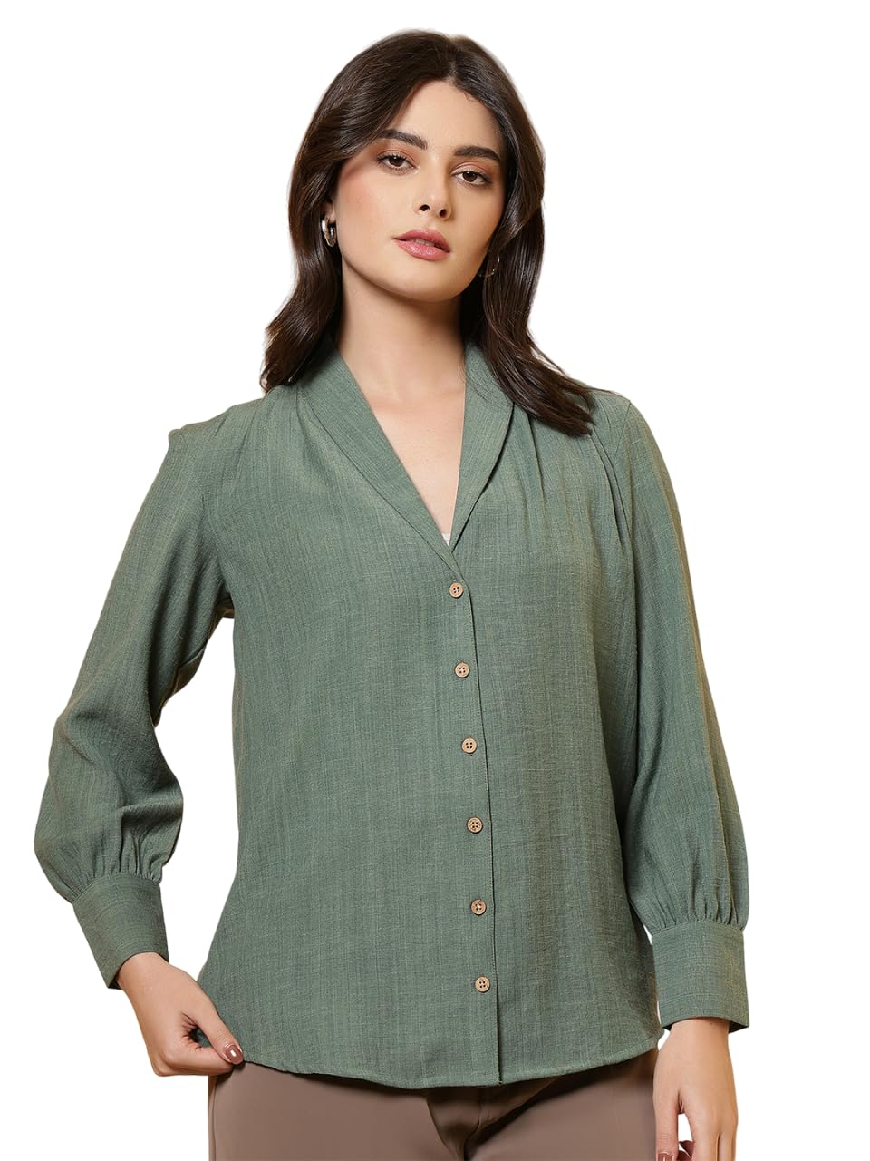 Women's Regular Fit Textured Spread Collar Long Sleeves Opaque Cotton Casual Shirts-picture-49