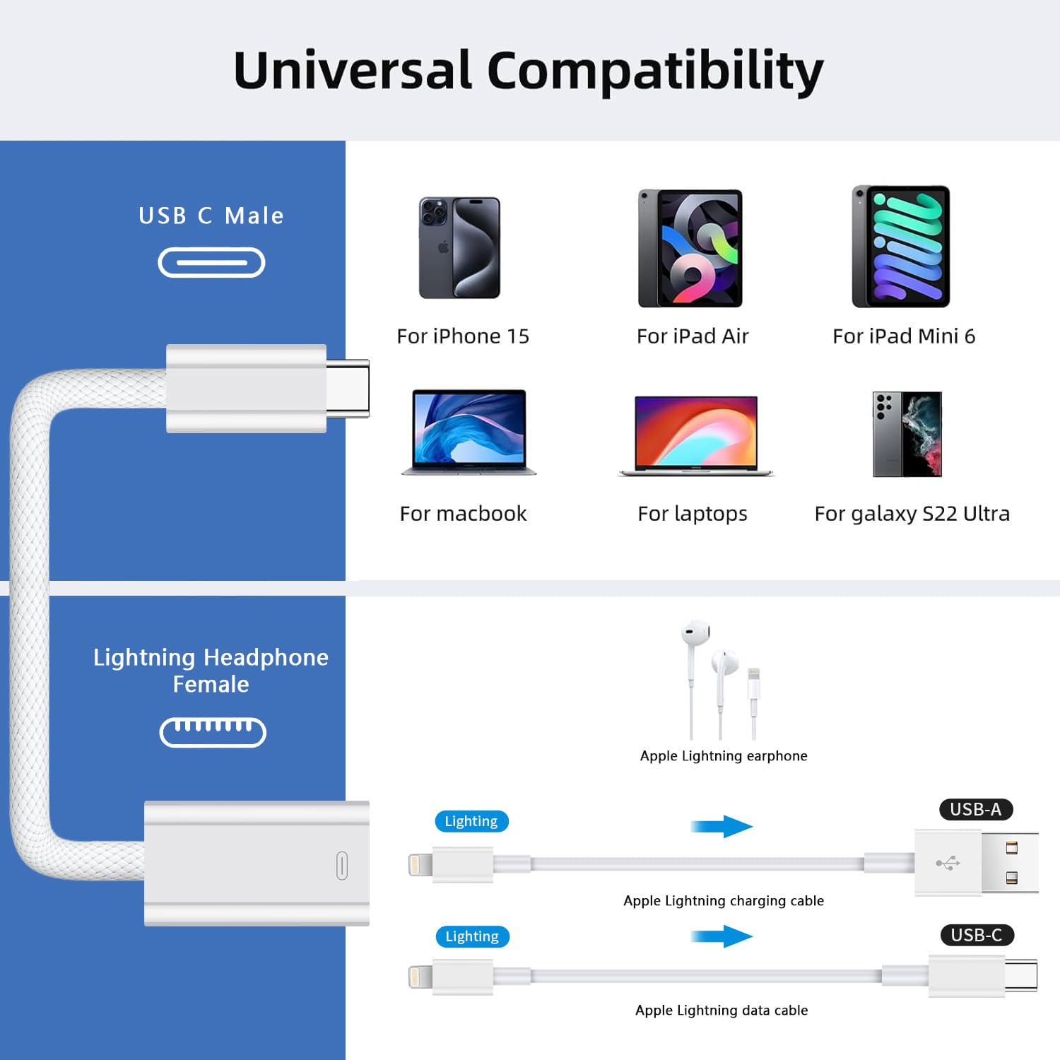 USB C to Lightning Female Adapter, Type C Male to Lightning Female Audio Charge Data Adapter Dongle Fit with iPhone 16 15 Pro, Galaxy S24 S23 S22, Pixel 8 7 6, i-Pad Pro, Mac-Book