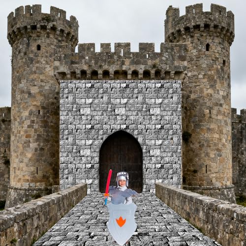 Image of party greeting Brick Stone Wall Tablecloth Roll Disposable Stone Wrapping Plastic Table Cover Castle Backdrop for Halloween Western Birthday Medieval Party Decoration Favors Supplies 200FT x 51 Inch