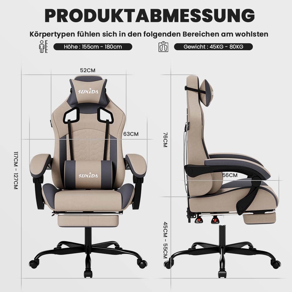 SUKIDA Sedia da gaming ergonomica da ufficio, in pelle PU, con poggiatesta, ergonomica, con supporto lombare fino a 150 kg