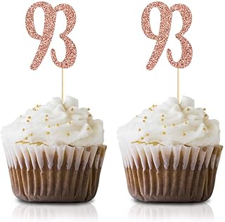 Rose Gold 93rd Birthday Cupcake Topper, 24-Pack Number 93 Glitter Happy Birthday Party Cupcake Toppers, Decorations
