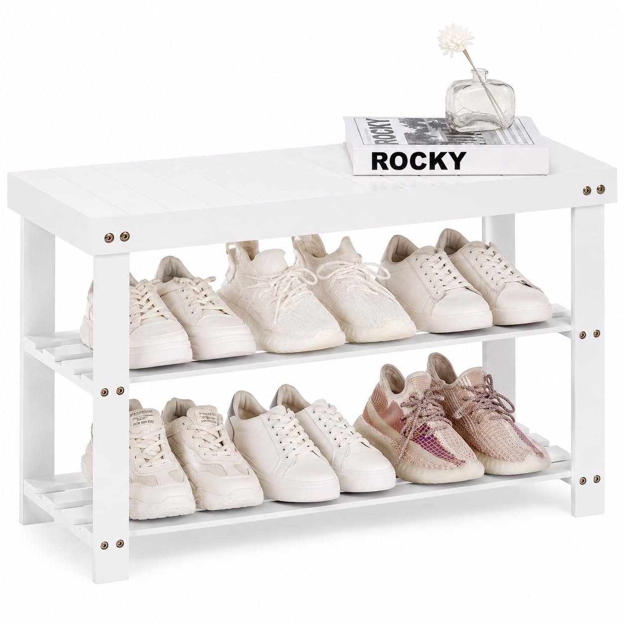 APICIZON Scarpiera in bambù con 2 ripiani, scarpiera con panchina, 70 x 28 x 45 cm, panca con vano portaoggetti per corridoio, soggiorno, guardaroba, bagno, corridoio, bianco