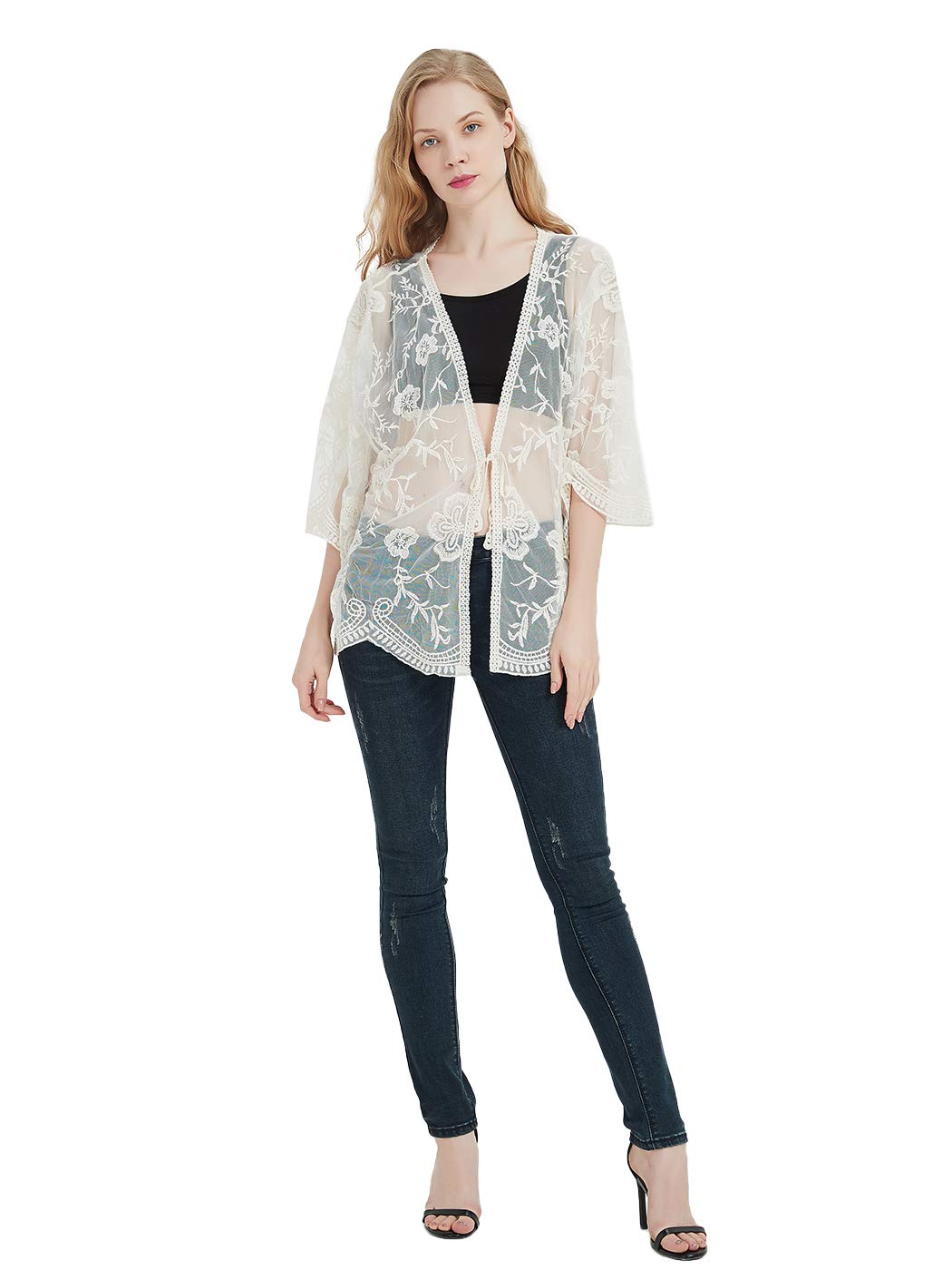 Anna Kaci Womens Long Embroidered Lace Kimono Cardigan With Half