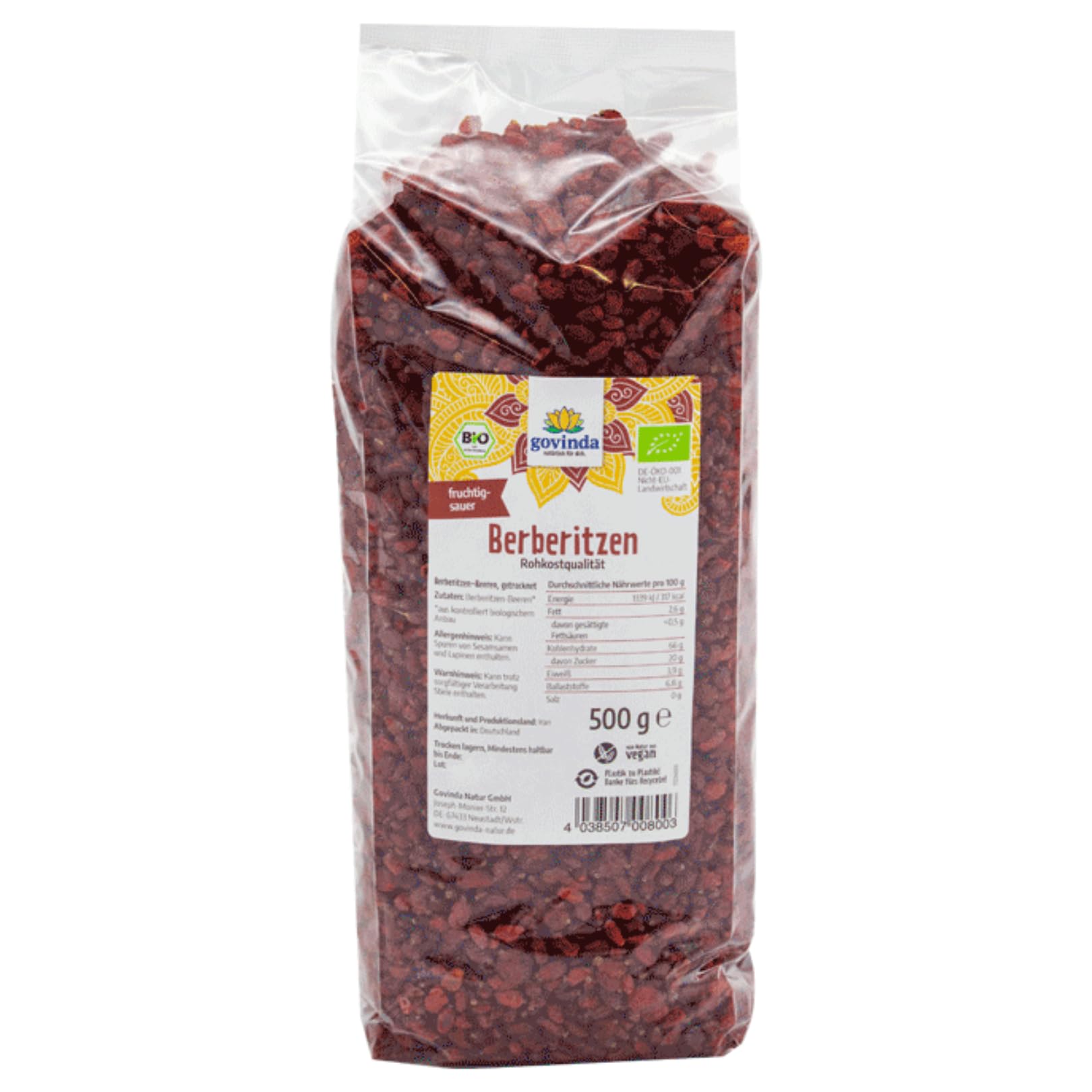 Govinda Bio Berberitzen-Beeren, getrocknet (500g) | Naturbelassen | Rohkost-Qualität | Biologischer Anbau | Vegan | Fettarm | Ideal zum Kochen, Backen und Naschen | DE-ÖKO-001