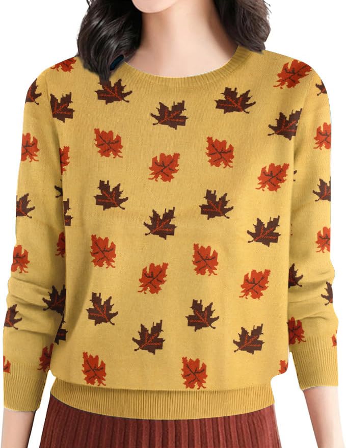 LUKYCILD Fall Sweaters for Women 2025: Autumn Leaves Print Sweater Long Sleeve Graphic Pullover Casual Crewneck Tops2