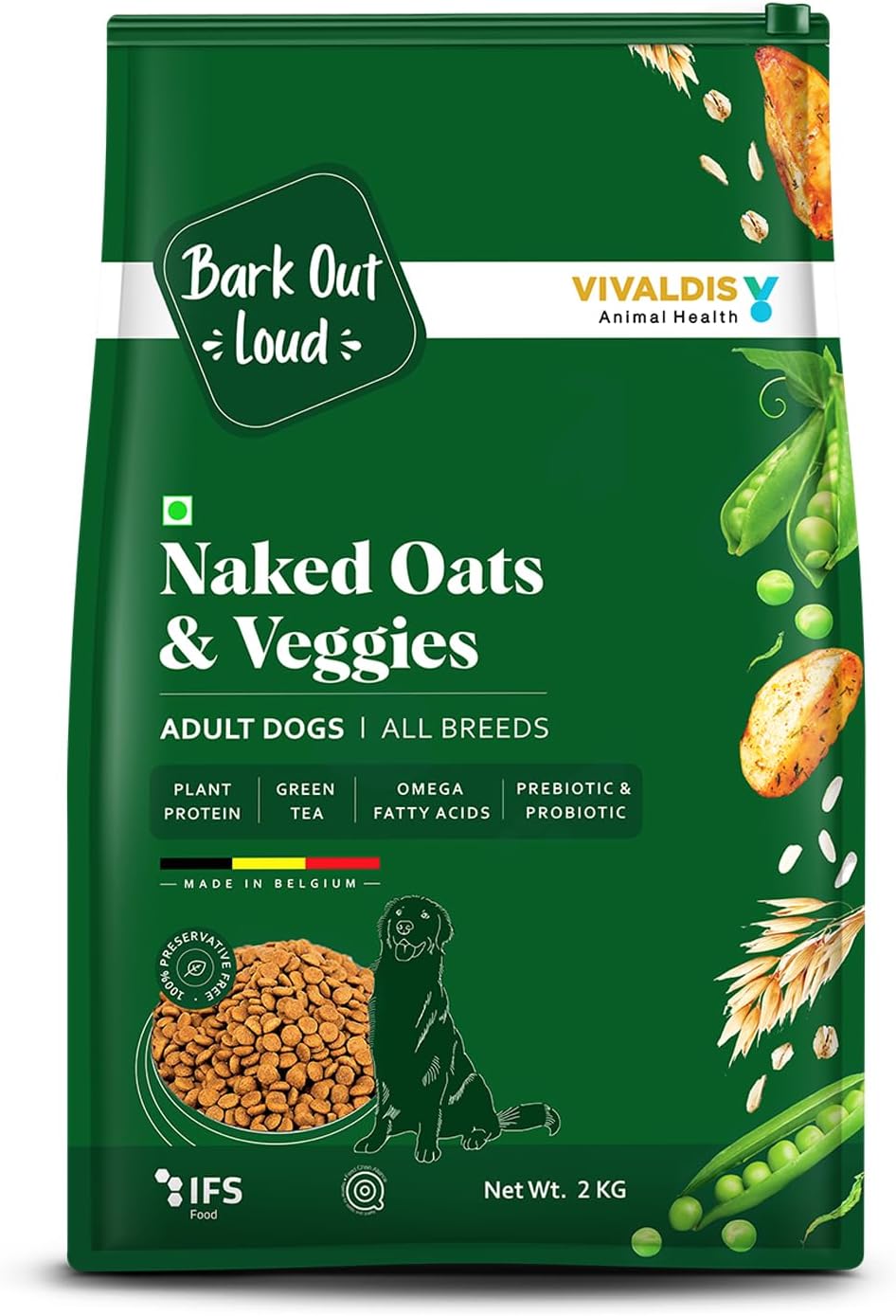 By Vivaldis-Naked Oats & Veggies, Veg Dry Adult Dog Food For All Breeds 9Kgs+, Rich In Plant Protein, Prebiotics & Probiotics, Vitamins & Fibre, 2Kg