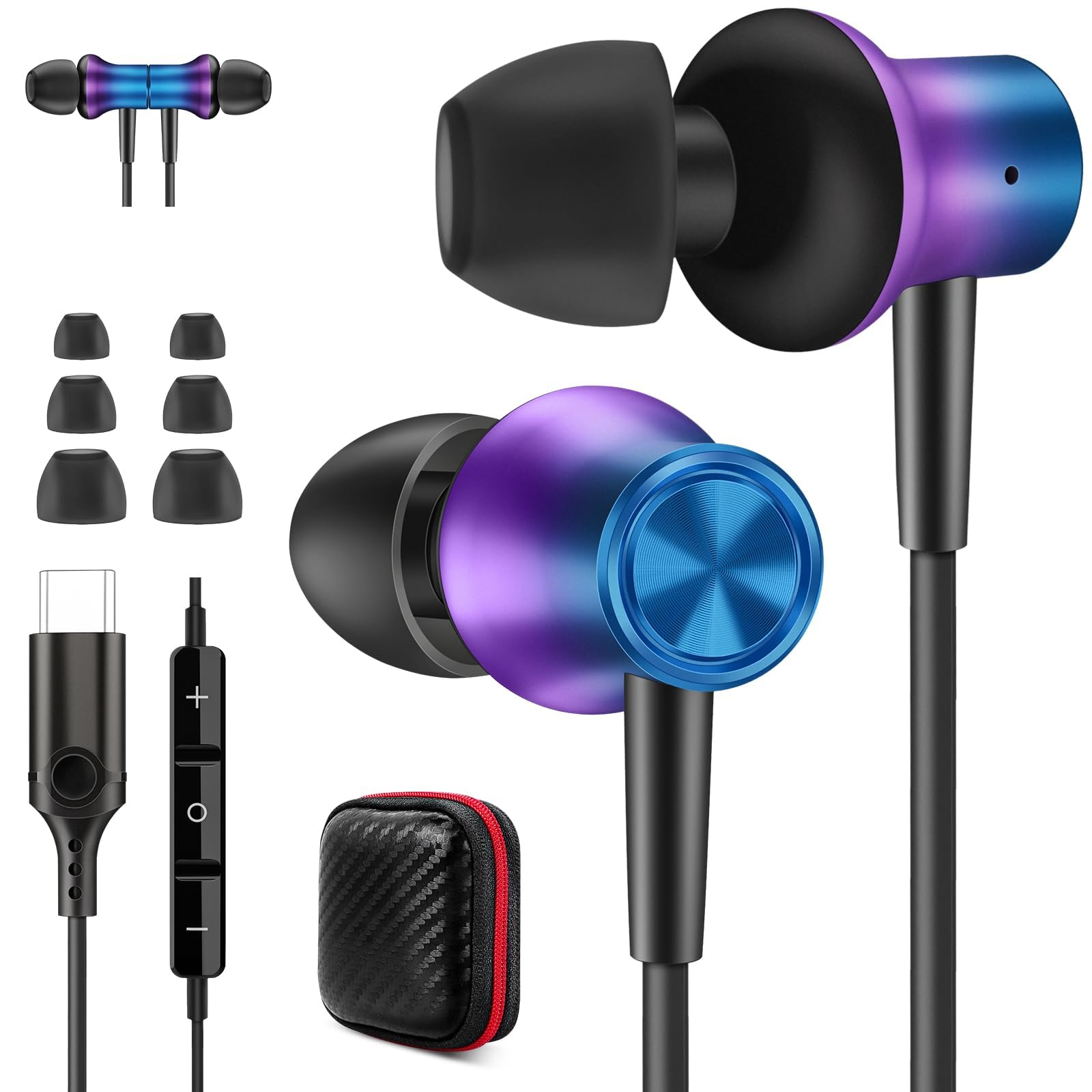 Jiunai USB C Earbuds for Samsung S24, Wired Headphone with USB C Plug in Ear Magnetic Stereo Remote Control Corded Type C Earphones for Samsung Galaxy S25 Ultra iPhone 17 16 iPad Pro Gradient Purple