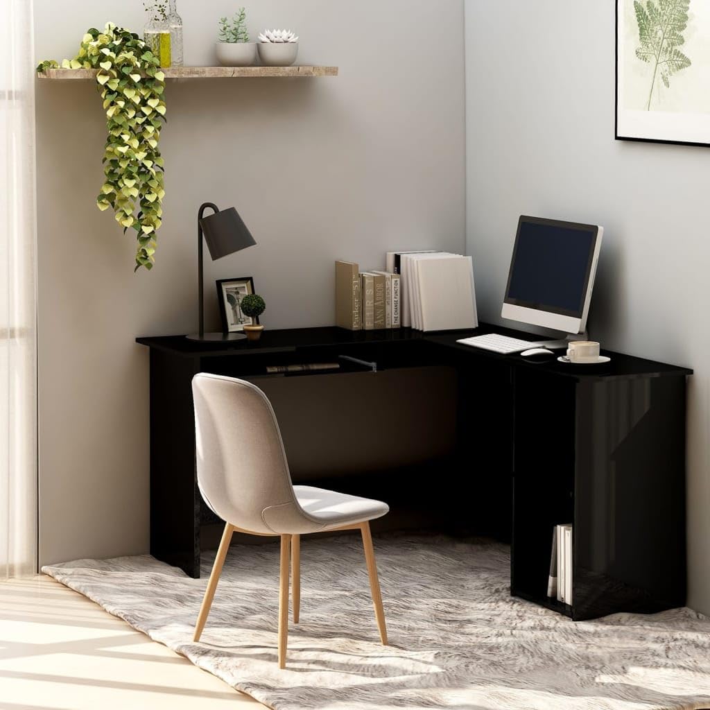 Bureau d'angle L noir brillant 120x140 cm avec support clavier coulissant et étagères