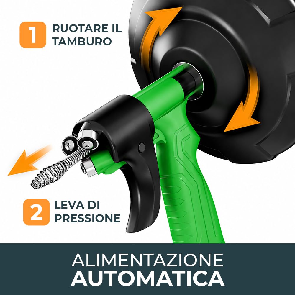 Meisterfaktur Sonda Sturatubi per Pulizia [15M] - Funzione Automatica - Molla Stura Tubi Ideale con Alimentazione Automatica - Sonda Idraulica Stura Lavandini e Scarichi per Amanti del Fai da Te!