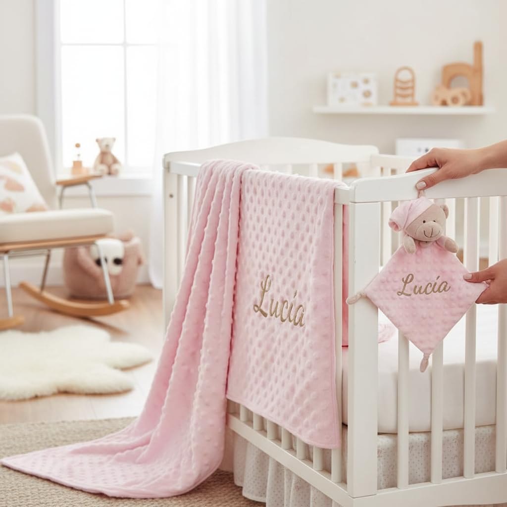 various Set Personalizada Manta + Dou Dou Bordado Bebe Recien Nacido Padres Primerizos Manta Suave Minky Poliester Cuna Coche Nina Nino Nombre Bordado Detalle Tierno Color Rosa - 5