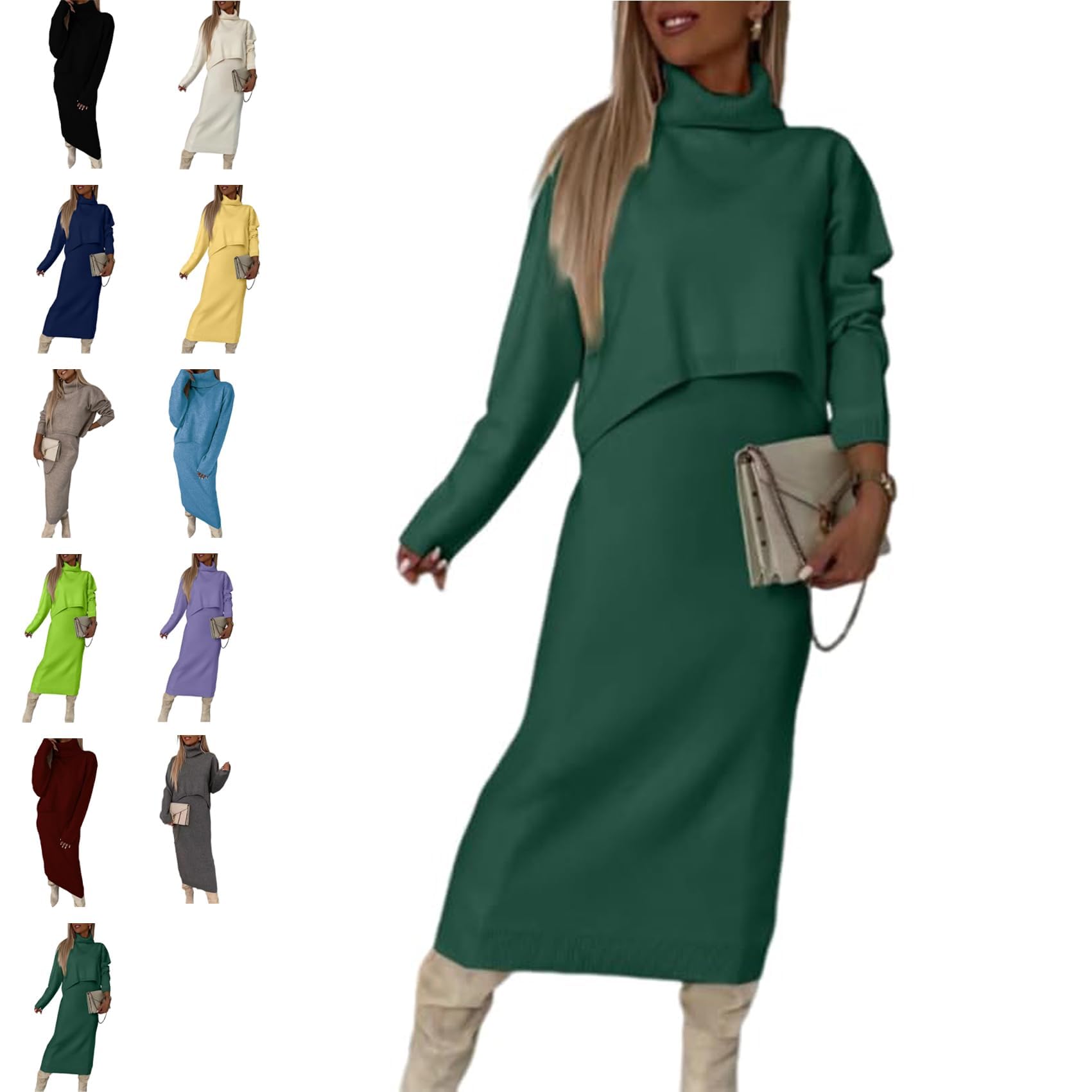 Ensemble robe midi et pull à col roulé blanc, robe pull à col roulé pour l'automne et l'hiver, costume chaud confortable