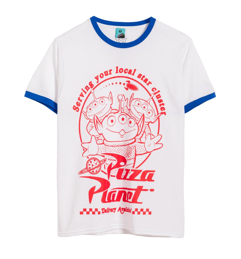 Disney Toy Story Pizza Planet Aliens White and Blue Ringer T Shirt