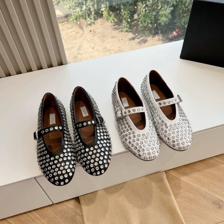 Rhinestone Ballet Flats for Women, Sparkly Crystals Ballerina Shoes Buckle Strap Mary Jane Flats Round Toe Casual Dress Shoes2