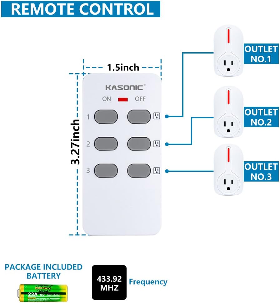 Wireless Remote Control Outlet, Kasonic Smart Home Remote Control Multi Purpose Combo Set [3 Electrical Outlets + 1 Remote] Perfect for Household Appliances and Devices; ETL-Listed