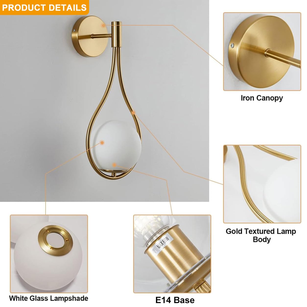 Wall Lamp Lighting Globe Glass Wall Sconce Brushed Brass Wall Lamps Wall Washer For Living Room Bedroom