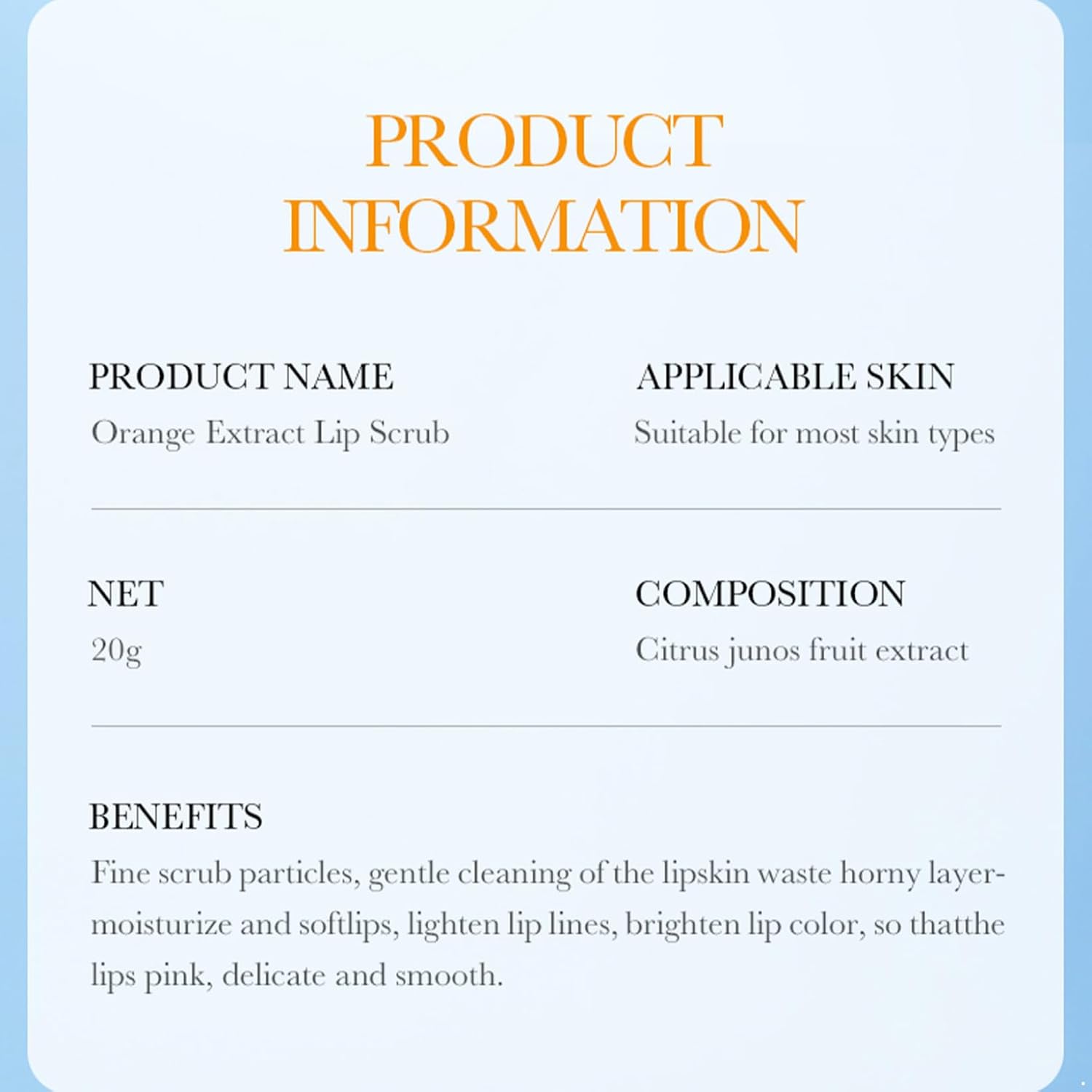 Jan Jean 1Pc 20g Fruit Flavor Lip Scrub – Gentle Exfoliating for Soft, Hydrated Lips, Daily Care Orange One Size