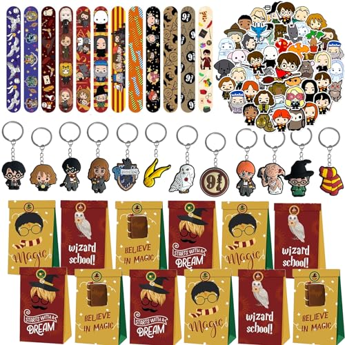 Yisound123 Ensemble de 86 pièces pour sac de fête - Garnitures pour sac de fête de sorcier, faveurs de fête magiques - 12 porte-clés - 12 sacs de fête -...