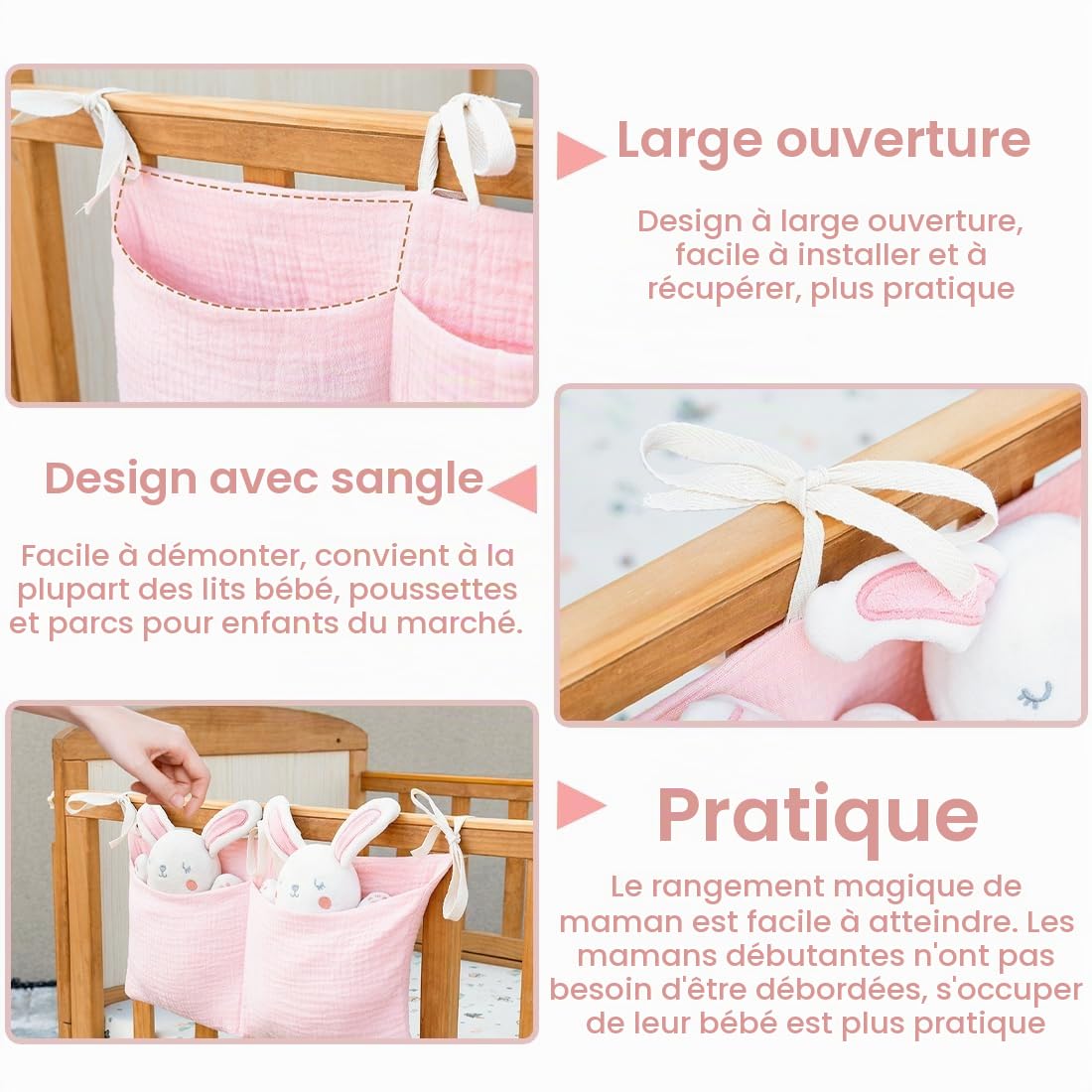 KYLOS Organisateur de lit de bébé avec 2 poches, sac de rangement rose pour chambre de bébé et de tout-petit, organisateur à langer, organisateur de chambre d'enfant, sacs de rangement pour lits