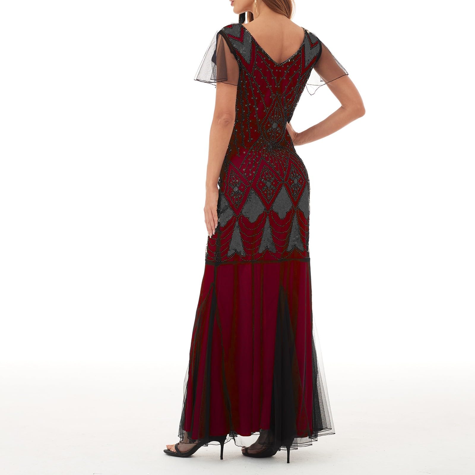Vestido de Noche Fiesta Mujer Vestido Flapper de los Años 20 Disfraz de Gatsby Manga Corta Vestidos Largo de Eventos Charlestón con Lentejuelas Ajustado Vestidos de Cóctel