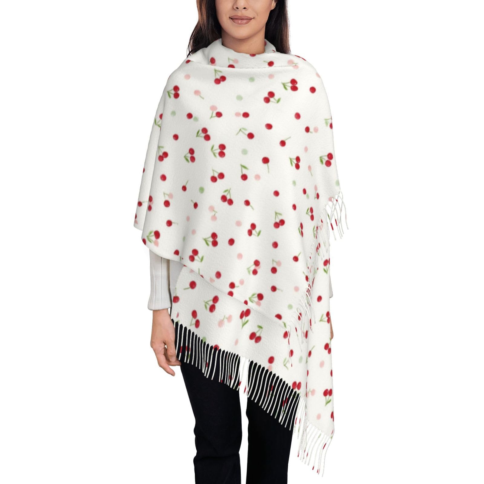 Xingfox Unisex As Pic Womens Cashmere Scarf Small Cherry Pashmina Shawl Wraps Minimalist Winter Cashmere Thick Scarves With Tassel