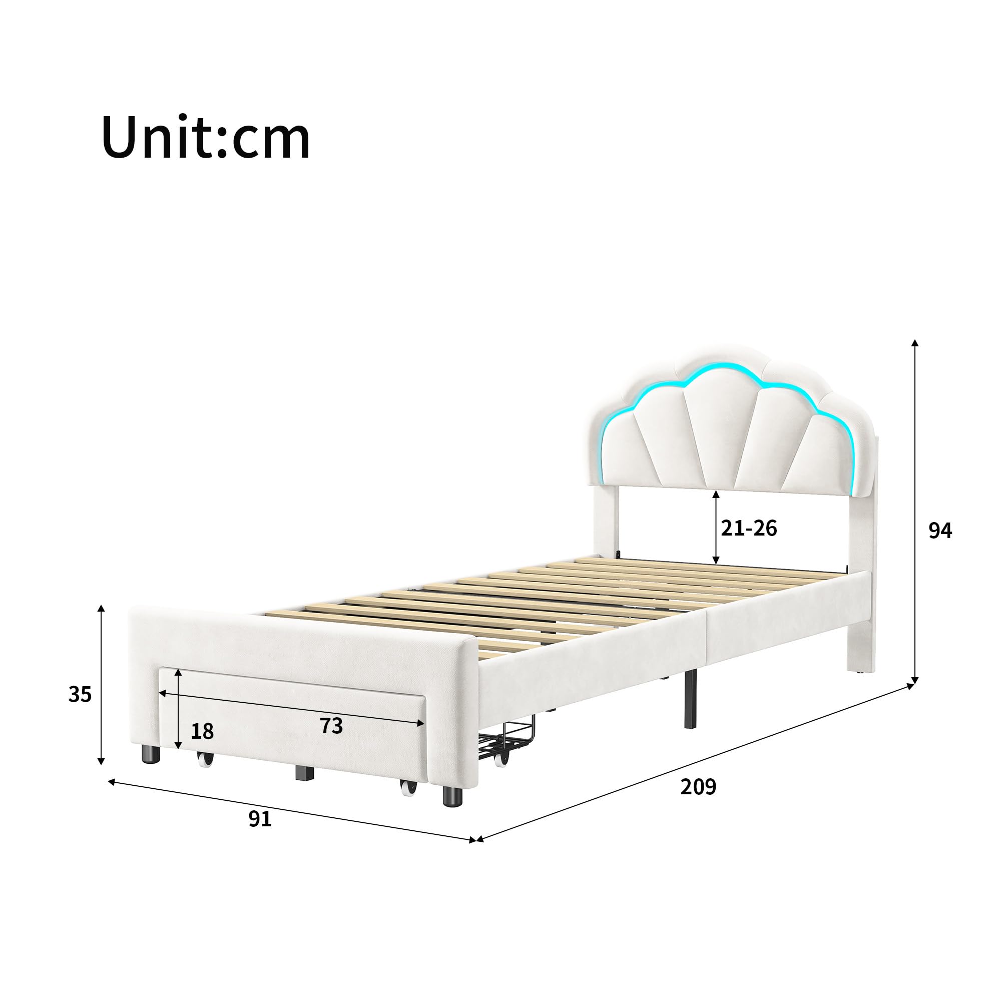BRILVERDE Lettino imbottito per bambini, 90 x 200, con cassetti, bella testiera a forma di fiore, rete a doghe in legno massiccio, letto da principessa, in materiale velour, delicato sulla pelle