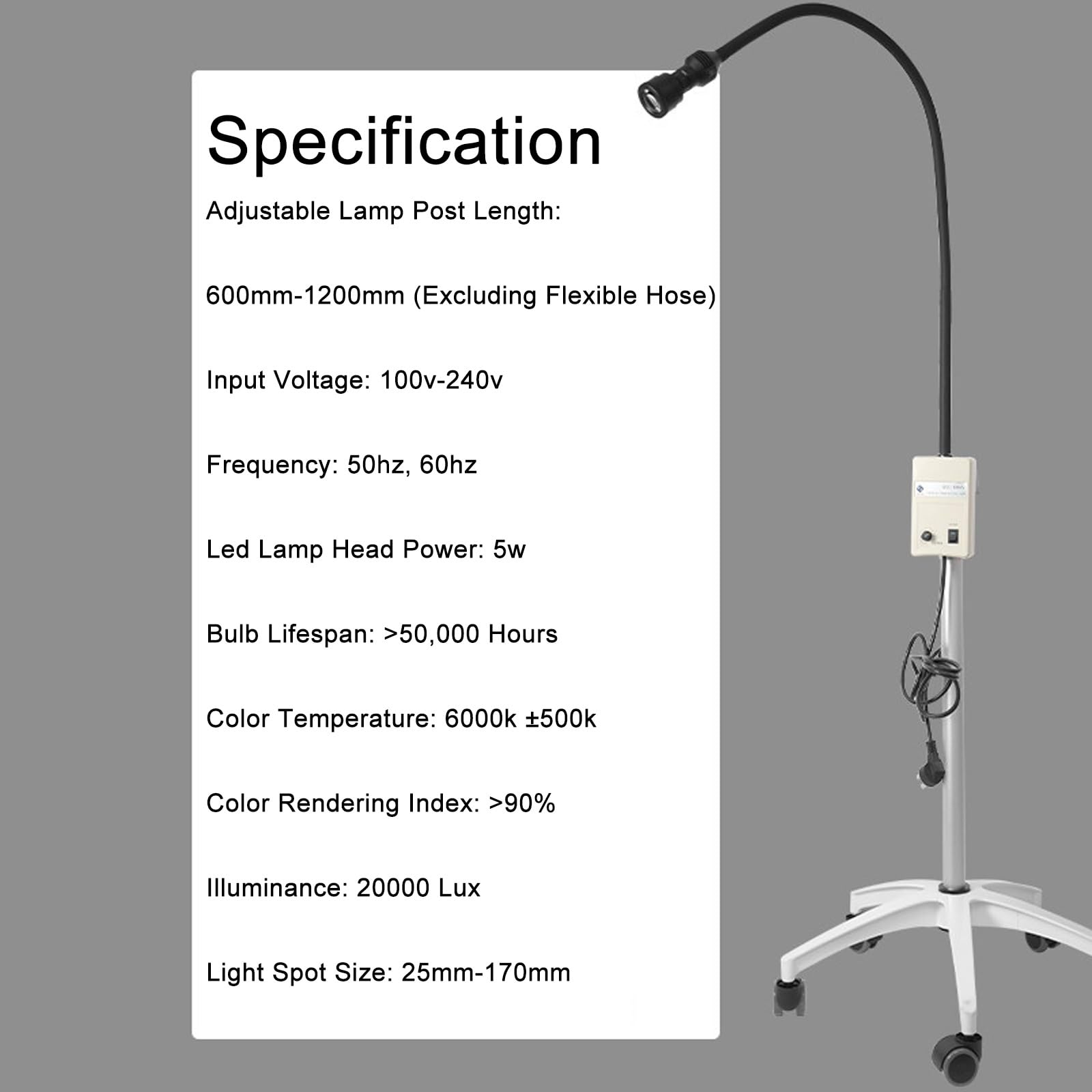 Bezcieniowa Lampa Medyczna LED do Badań, Obrotowa o 360°, Regulowana Wysokość, Mobilna Lampa Pomocnicza do Gabinetów Stomatologicznych i Klinik