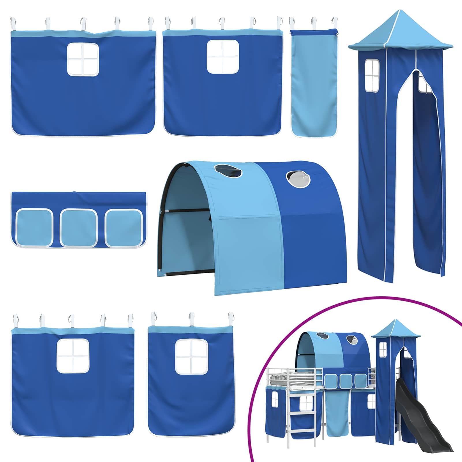 Homgoday Hochbett mit Rutsche und Vorhang, Metallrahmen, blau-schwarz, für Kinderzimmer - Hochbett Turm Hochbett Model42020899