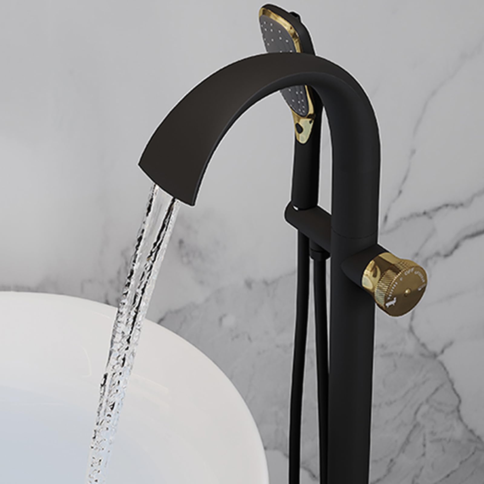 Miscelatore Vasca da Bagno a Cascata con Doccetta a Pavimento 2 Uscite Rubinetto Doccia Monocomando,Cromo Placcato