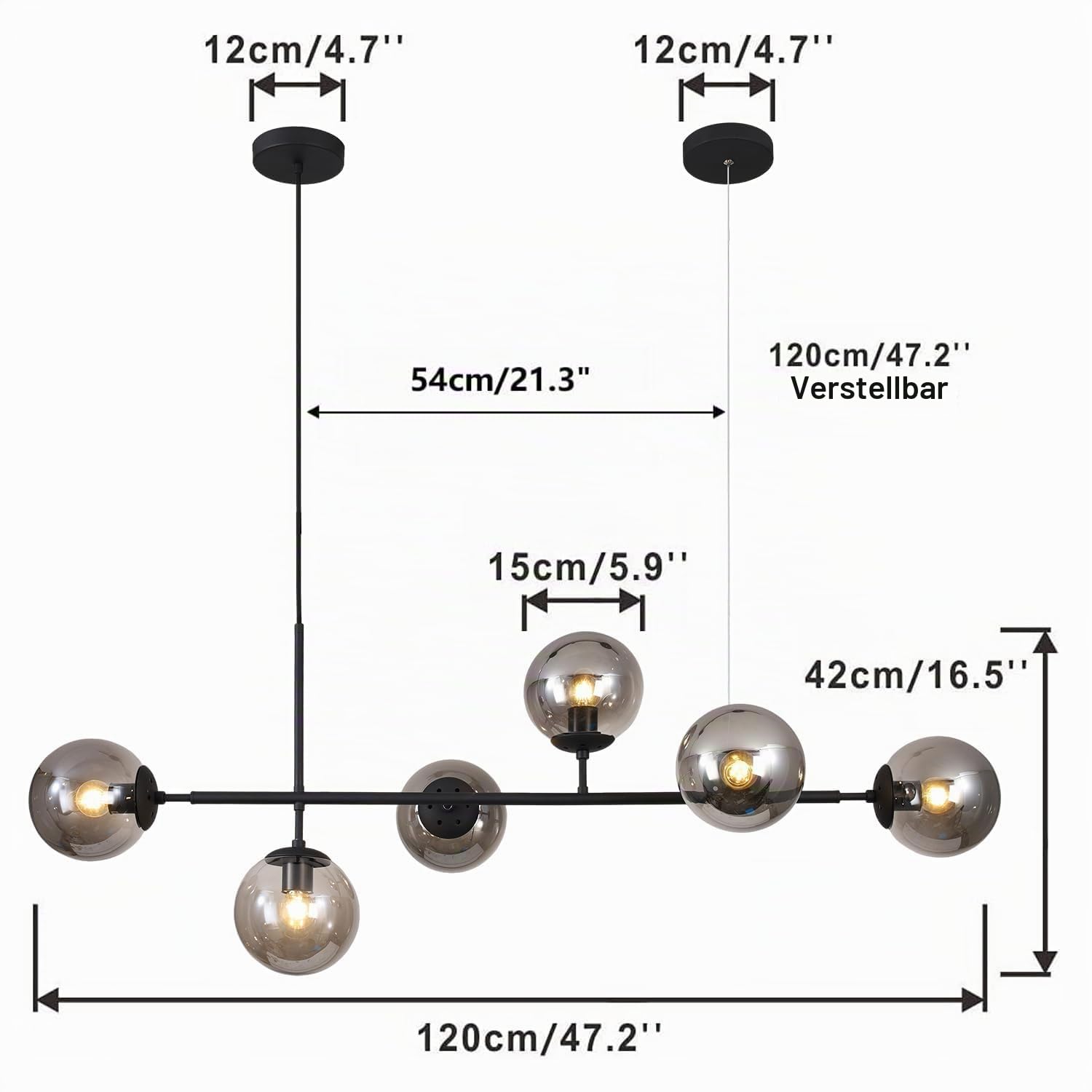 KCO Kronleuchter 6 Lichter Rauchgrau Glaskugeln 120 cm Rechteck Sputnik Pendelleuchte Schwarz Moderne Kronleuchter für Wohnzimmer Schlafzimmer Küche