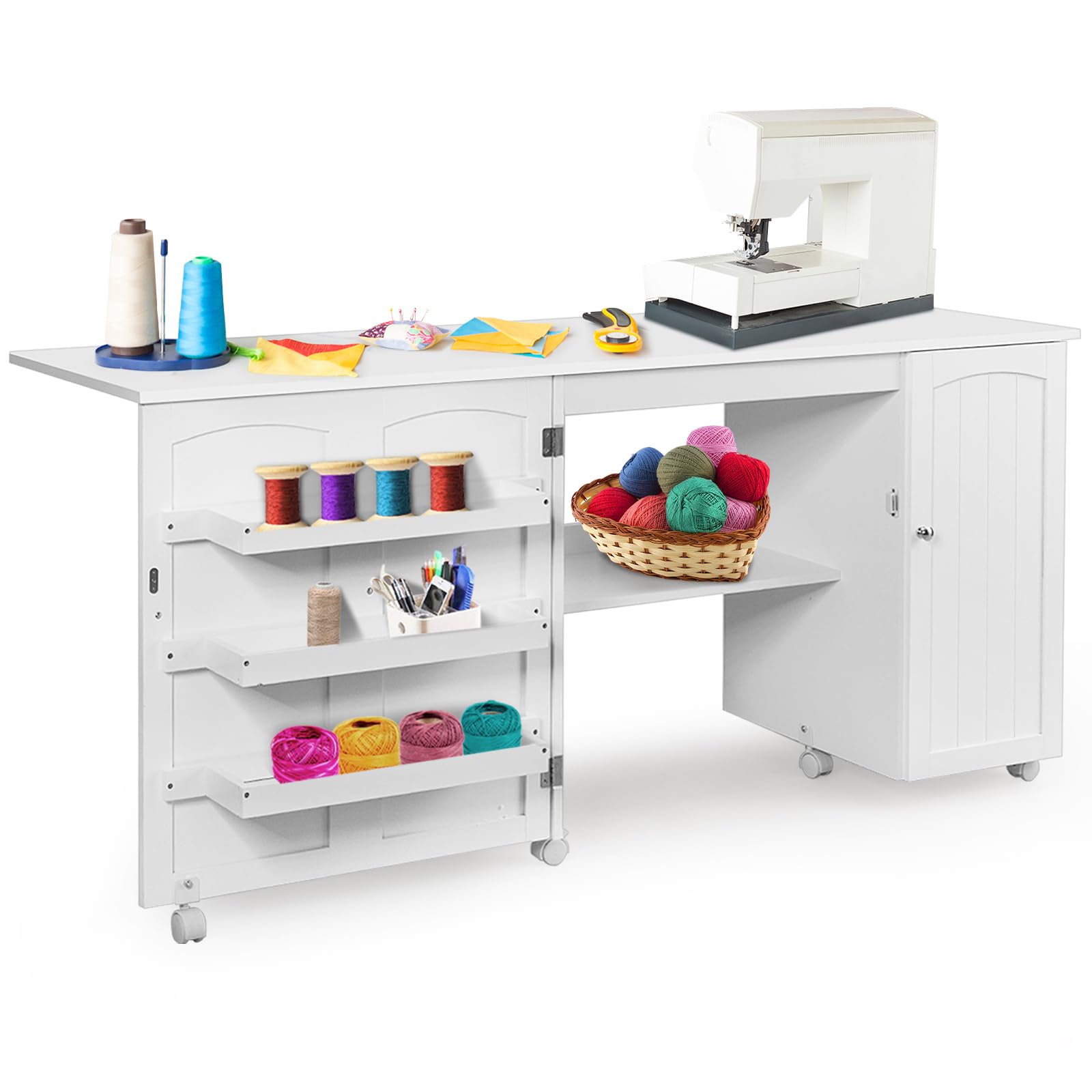 LIFEZEAL Armoire de Couture Pliable 3 en 1, Table pour Machine à Coudre Peu Encombrante, Bureau de Repassage 6 Roues, 3 Étagères, Large Étage, 158,5 x 50 x 74 cm (Blanc, L)