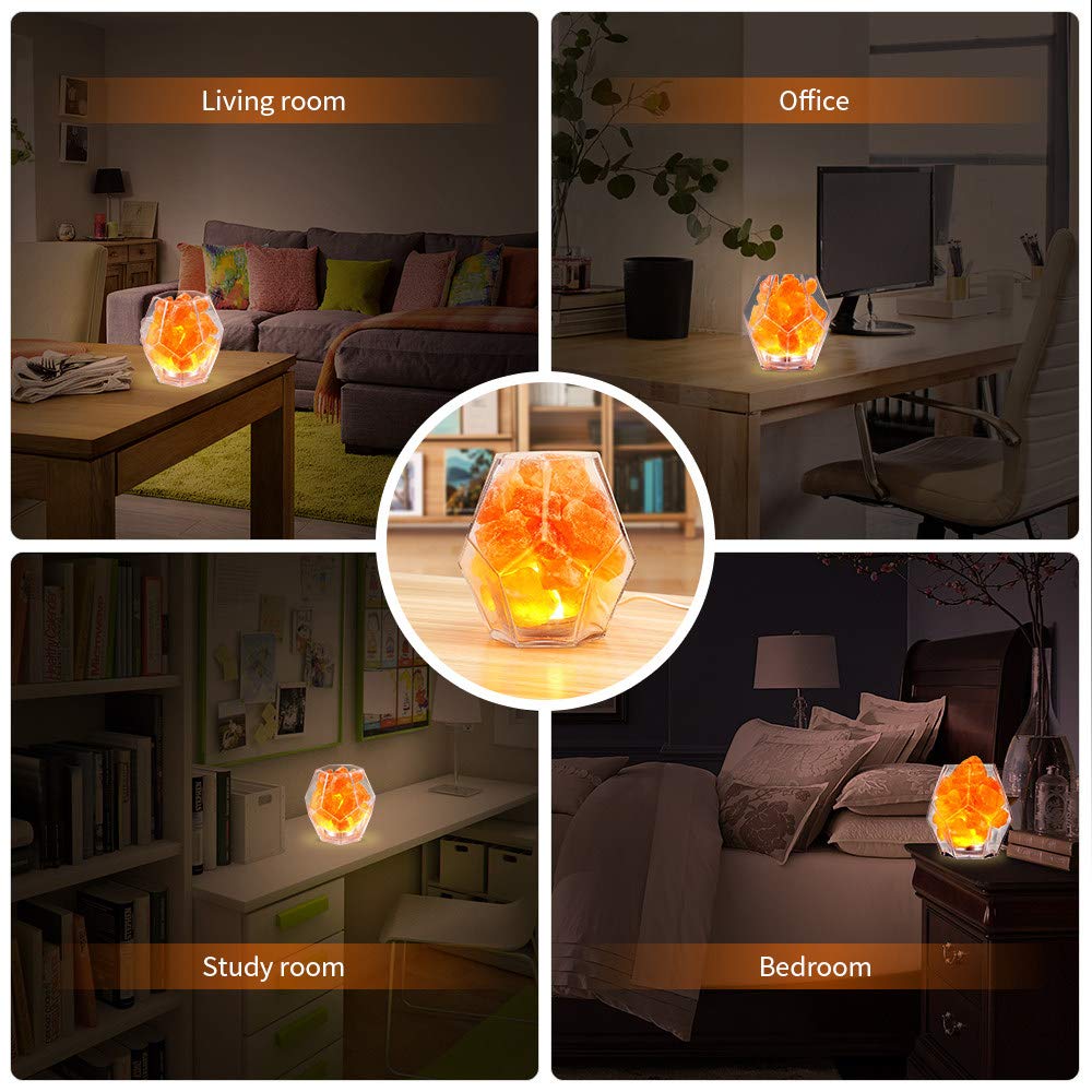 Lámpara de Sal del Himalaya, Dormitorio Lámpara de cabecera Lámpara de Mesa cálida/Conector USB Luz de Noche con Cristales de Sal Marina/con regulador de Intensidad y purificador de Aire