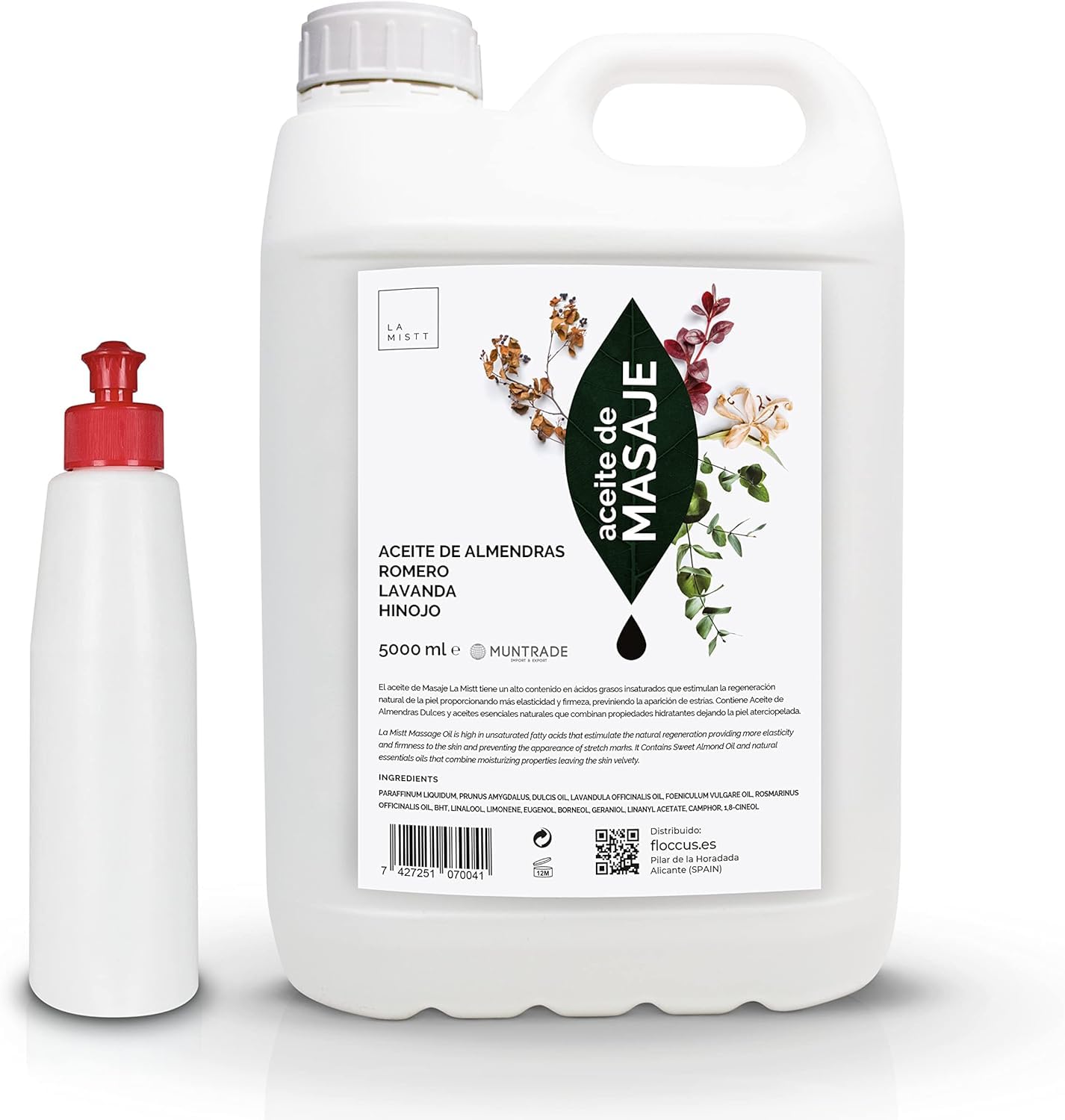 LA MISTT Aceite de Masaje Profesional 5 Litros + Botella Rellenable 250 ml | Aceite de Almendras, Lavanda, Hinojo y Romero | Aceite con Esencias