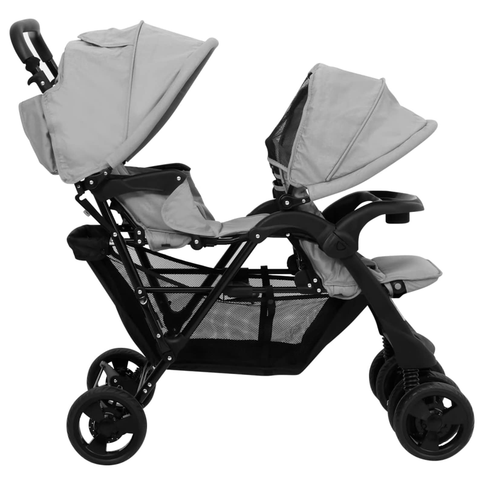 Carrito para Gemelos Tándem Cochecito de Bebé Silla de Paseo para Niños Diseño Plegable Cochecito de Gemelos Acero Gris Claro y Negro