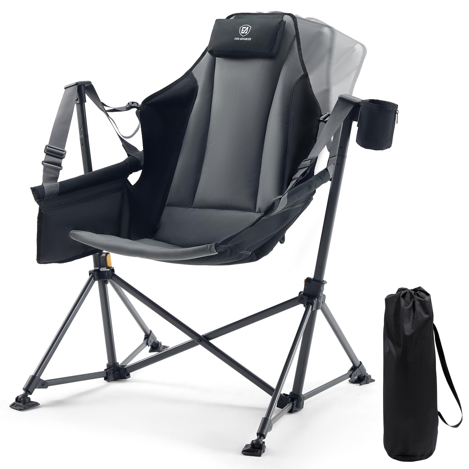 EVER ADVANCED Hammock Camping Chair for Adults, Oversized 180KG Heavy Duty Outdoor Rocking Chair Padded with Detachable Cup Holder, Portable Folding Garden Outdoor&Indoor Grey