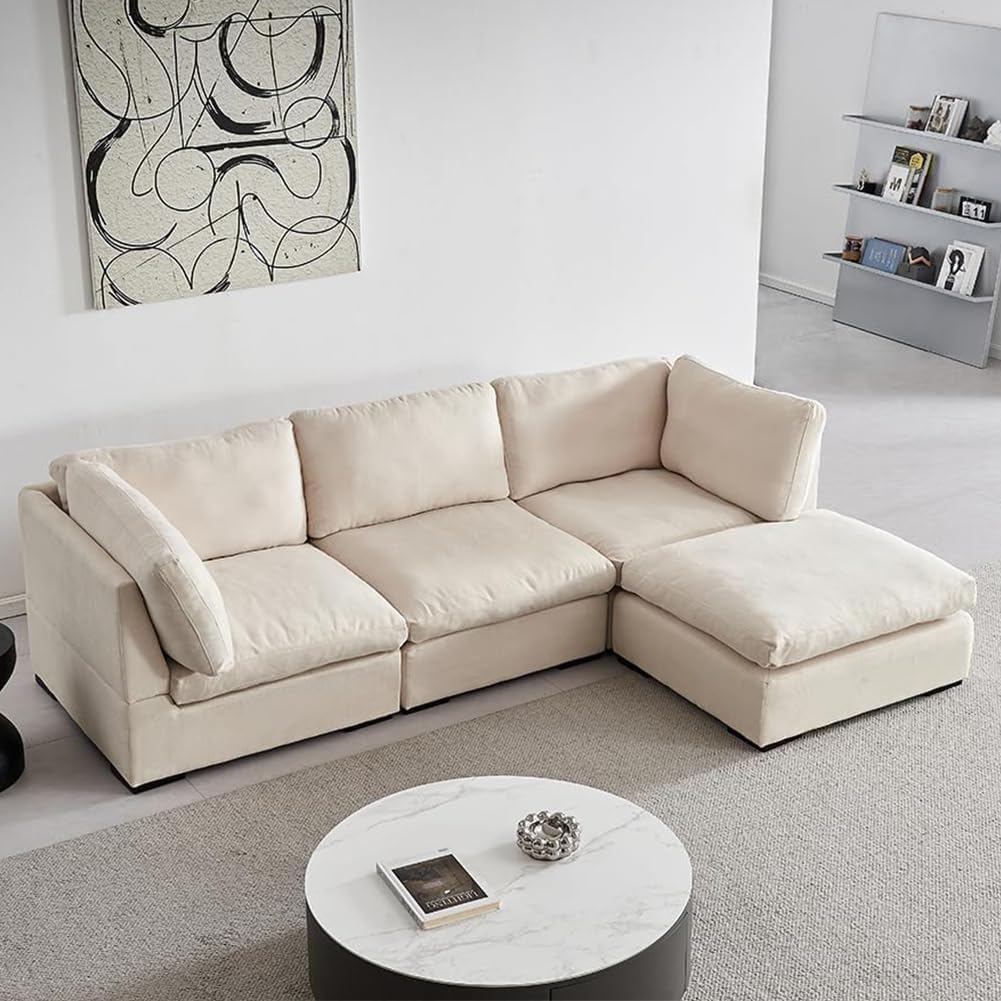 99'' Sectional Sofa Couch Living Room Modular L-Shape Sofa Couch with Feather Filled, Modern Cloud Sofa Couch with Ottoman for Home Office, Polyester Fabric (Beige)