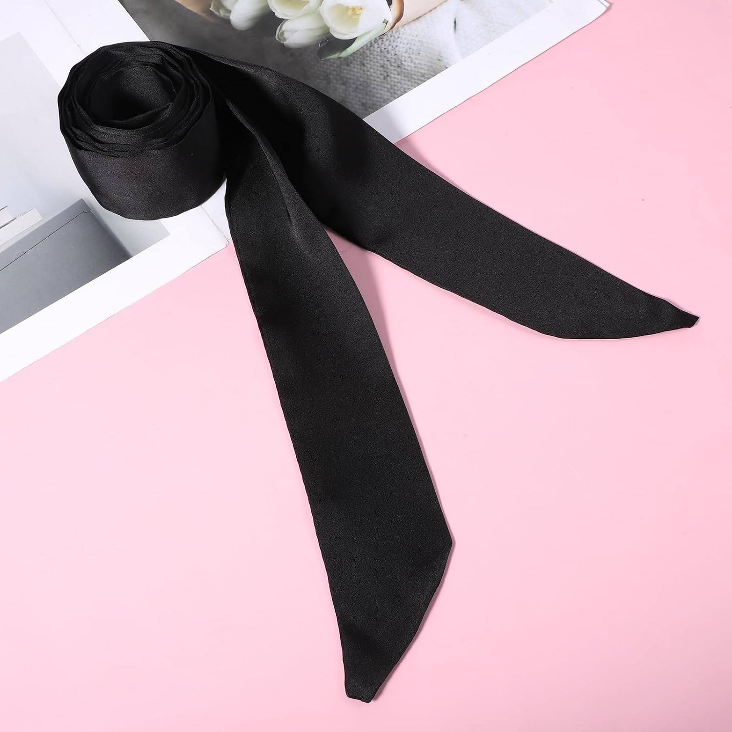 1 PCS78'' Black Long Skinny Silk Scarf, Stylish Satin Neck Ribbon, Chiffon Material, Serves as Neck Scarf, Necktie, Waist Belt, Handbag Wrap Handle, Free Size, for Women & Girls
