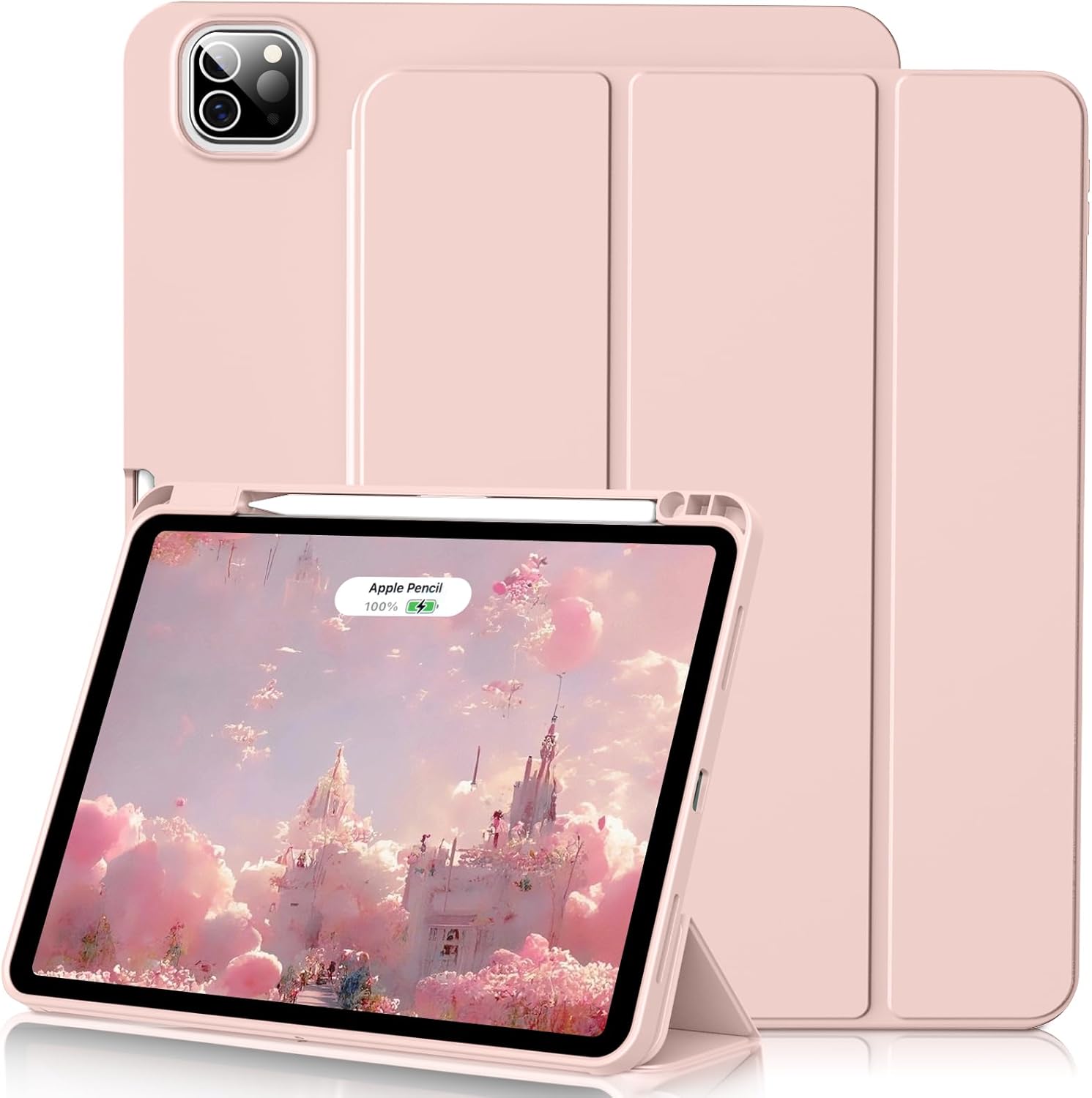 Case for iPad Pro 12.9 Inch 6th/5th/4th/3rd Generation with Pencil Holder, Smart Stand Cover with Soft TPU Back for iPad 12.9 Pro Case (2022/2021/2020/2018), Auto Sleep/Wake, Light Pink