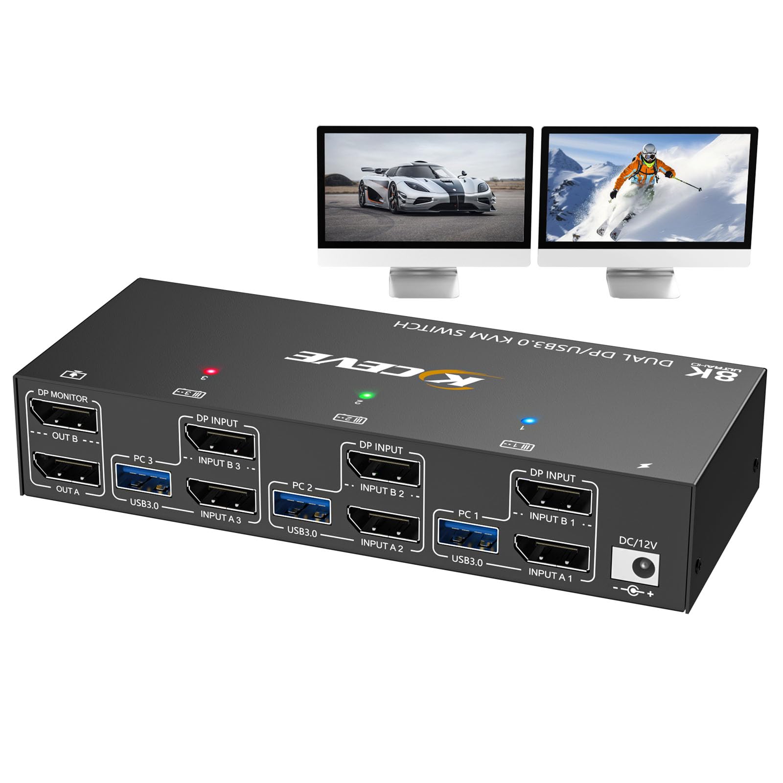 8k Displayport KVM Switch 3 PC 2 moniteurs 8K@30Hz 4K@144Hz, Camgeet USB3.0 Dual Moniteur KVM Switches Displayport 1.4 avec 4 ports USB 3.0 pour périphériques USB, pour 3PCs DP Monitor Switch