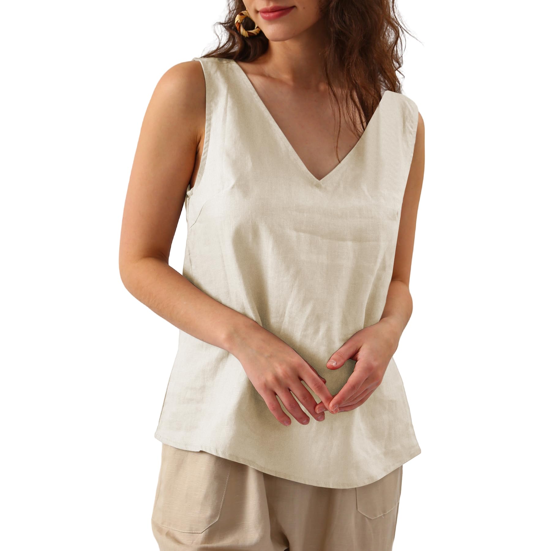 Amazhiyu Camicetta da donna in lino, senza maniche, estiva, basica, casual, con scollo a V