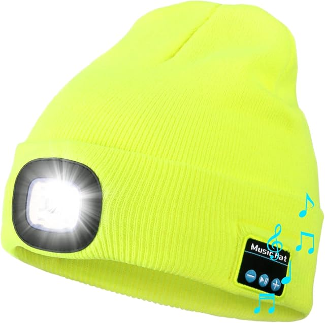 Bluetooth Torch Headlight, for Men, USB Rechargeable Wireless Headphone Running Hats, Unisex Outdoor Warmer Knit Beany with 8 LED Lights, Washable Yellow