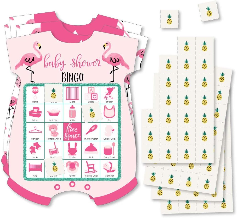 Pink Flamingo - Party Like a Pineapple - Baby Shower Bingo Cards - 18 Ct | Baby Sprinkle Activity, Interactive Game for All Ages, Tropical Summer Shaped Bingo Cards, Markers Included, 18 Unique Cards