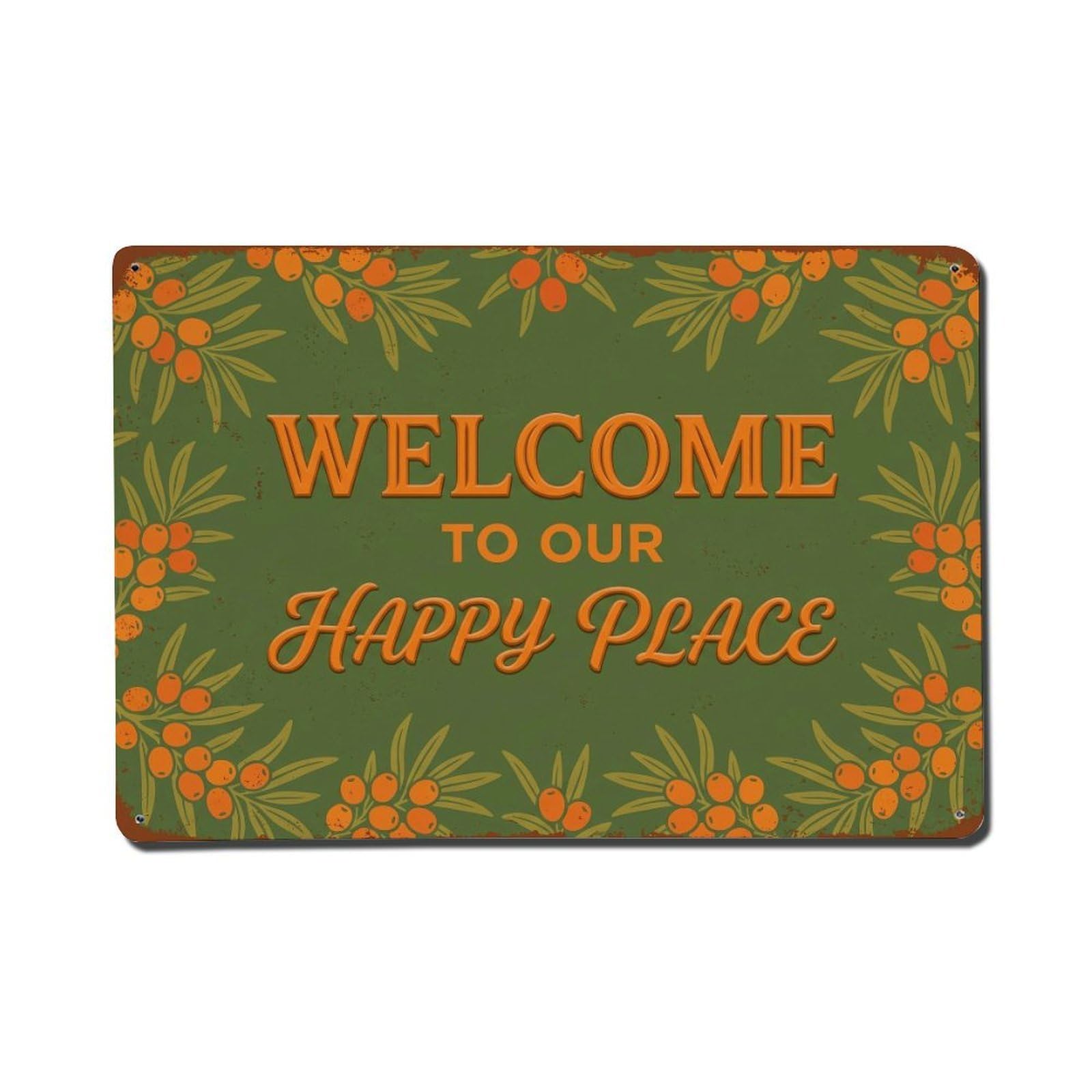 Okngb Style Serviceberry Orchard Welcome Happy Place Garden Gate Metal Tin Sign Plaque Wall Decor For Cafe, Man Cave, Club Bar, Office, Home Garden Round Metal Poster 8X12inch