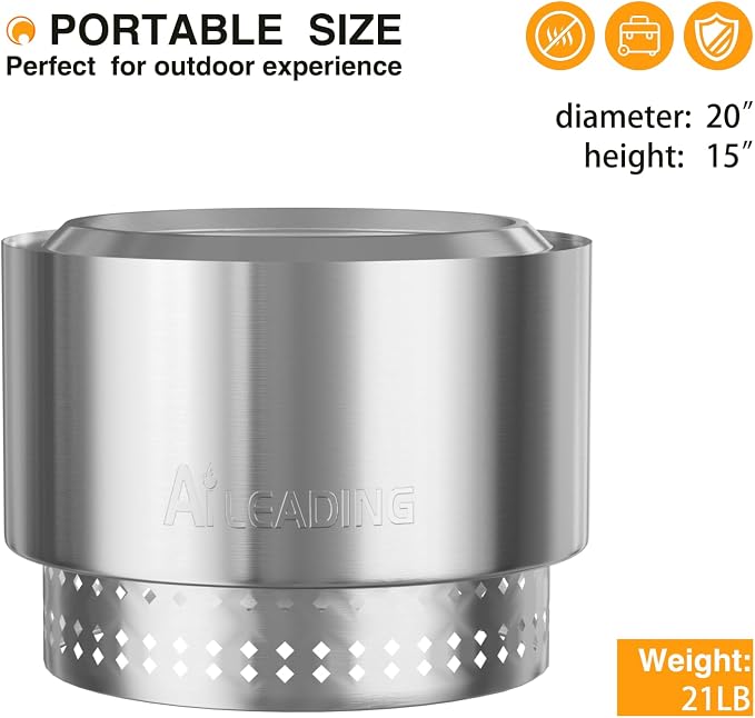 Fogata de 20 Pulgadas sin humos con bandeja removible, para exteriores, portátil, acero inoxidable, con bolsa y poker miniatura 4