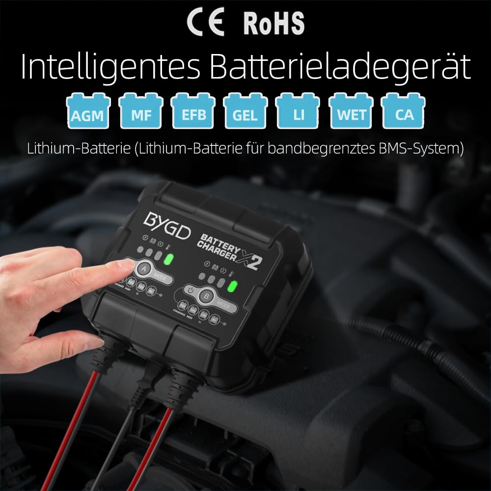 BYGD 4A Autobatterie Ladegerät, 2-Fach KFZ Smart-Batterieladegerät 6V/12V Smart Vollautomatische KFZ Ladegeräte Mit BMS, Gleichzeitiges Laden von Zwei separaten Autobatterien (2A je Bank)