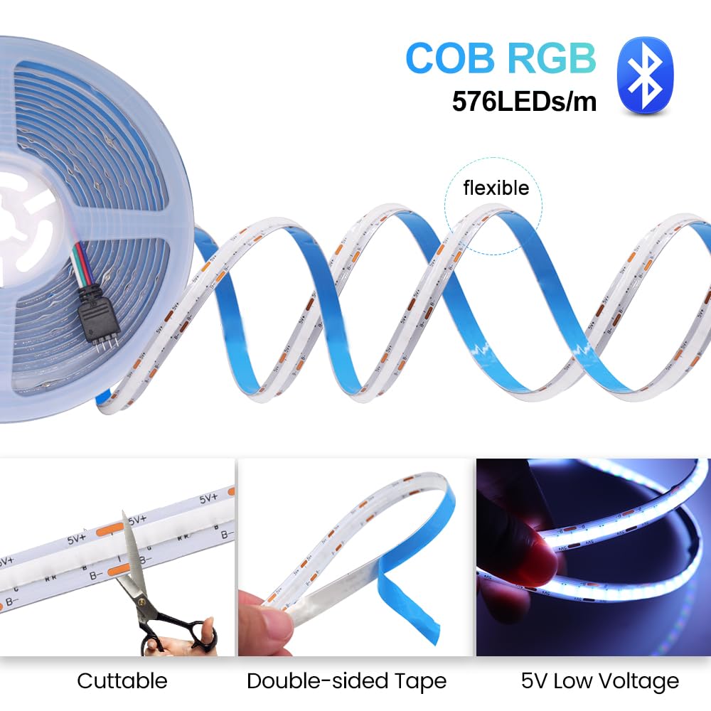 5V RGB Ruban LED COB, 576 Leds/m Dimmable Bande LED avec Contrôle vocal USB Bluetooth App 44 Keys Contrôleur Non Etanche IP21 bande lumineuse pour chambre, bar, TV, cuisine, fête.