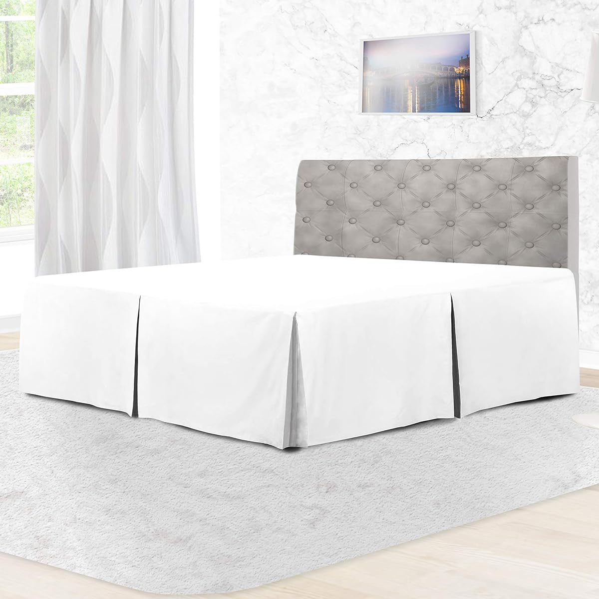Rohi Double Pleated Base Valance Sheet – Polycotton Base Valance Sheet with Extra Deep 16” Skirt – Wrinkle Free & Fade Resistance – Easy Care Fitted Bed Sheets – (Fit Under Mattress, White)