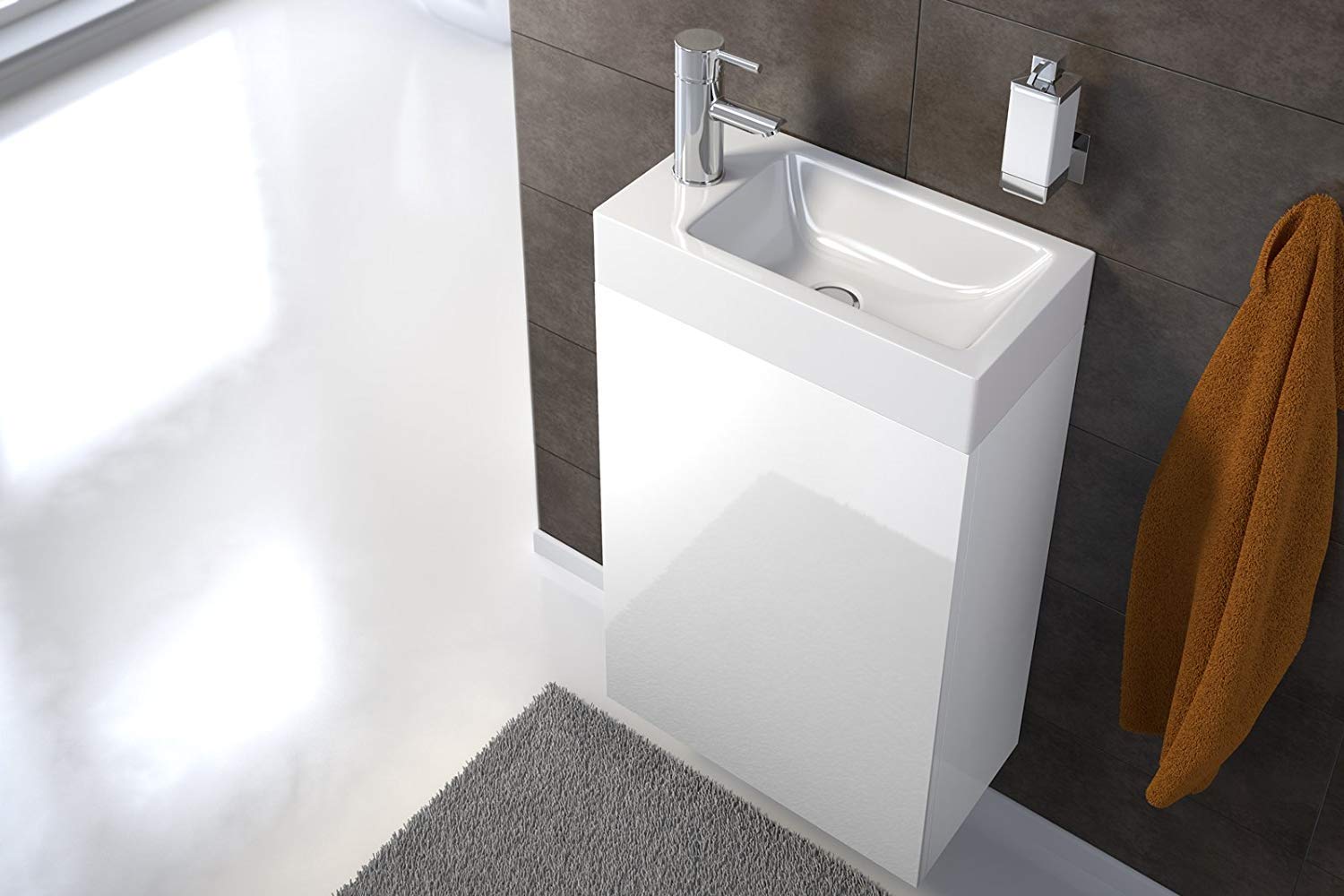 junado SAM Waschplatz Vega, Kleiner Waschtisch Weiß Hochglanz, Tür mit Push-Open-Funktion, Kunststoffbecken Gäste-WC 40 x 22 x 58 cm