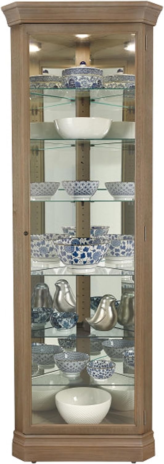 Howard Miller Glauber Corner Curio Cabinet II - Lockable Slide Door Metal Shelf Clips with Grey Finish Cabinets for Collectibles, Decorative Items