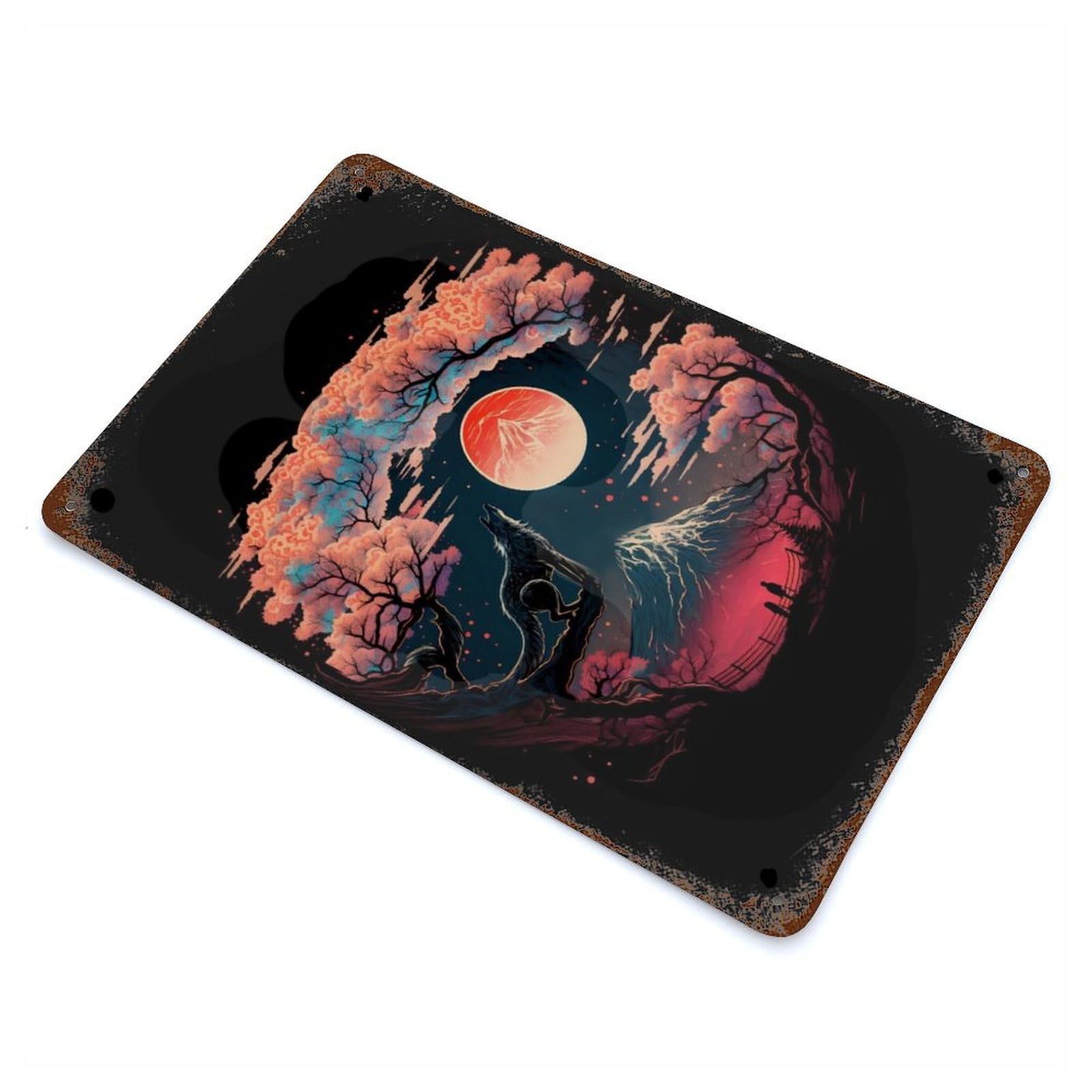 Aged Metal Wall Plaque with Night Fuji Mountain Design 11.8"x7.9", for Basement, Hobby Room And Garage Decor, Farmhouse Wall Decor