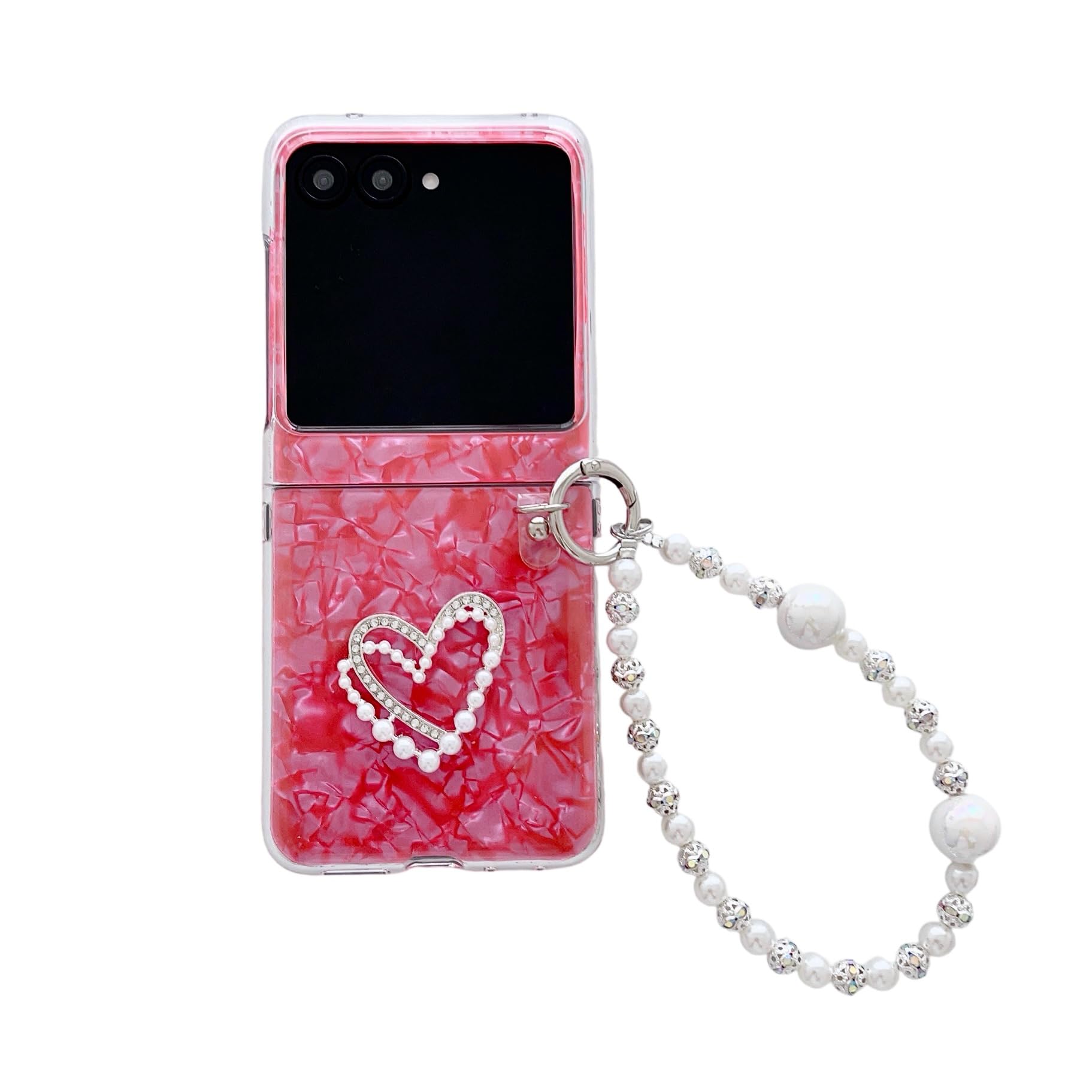SKPY Cute Case Compatible with Motorola Razr 2025 with Pearl Chain,Glitter 3D Love Shell Texture Sparkly Bling Shockproof Protective for Moto Razr